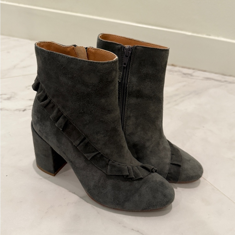 Ruffle suede ankle booties